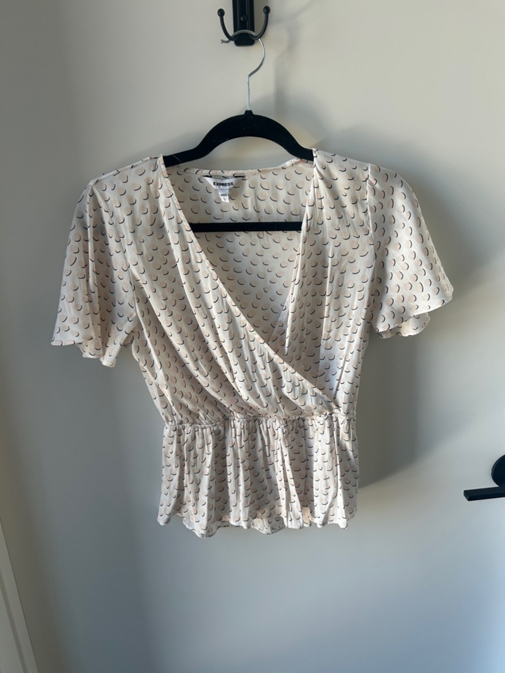 Express Cream Wrap Peplum Blouse with Crescent Print